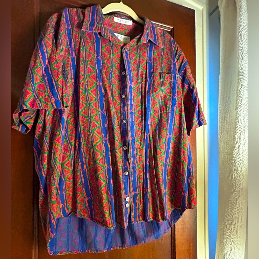 Vintage 1980s Perry Ellis bright Camp Shirt XL Saks 5th Ave cotton/Rayon